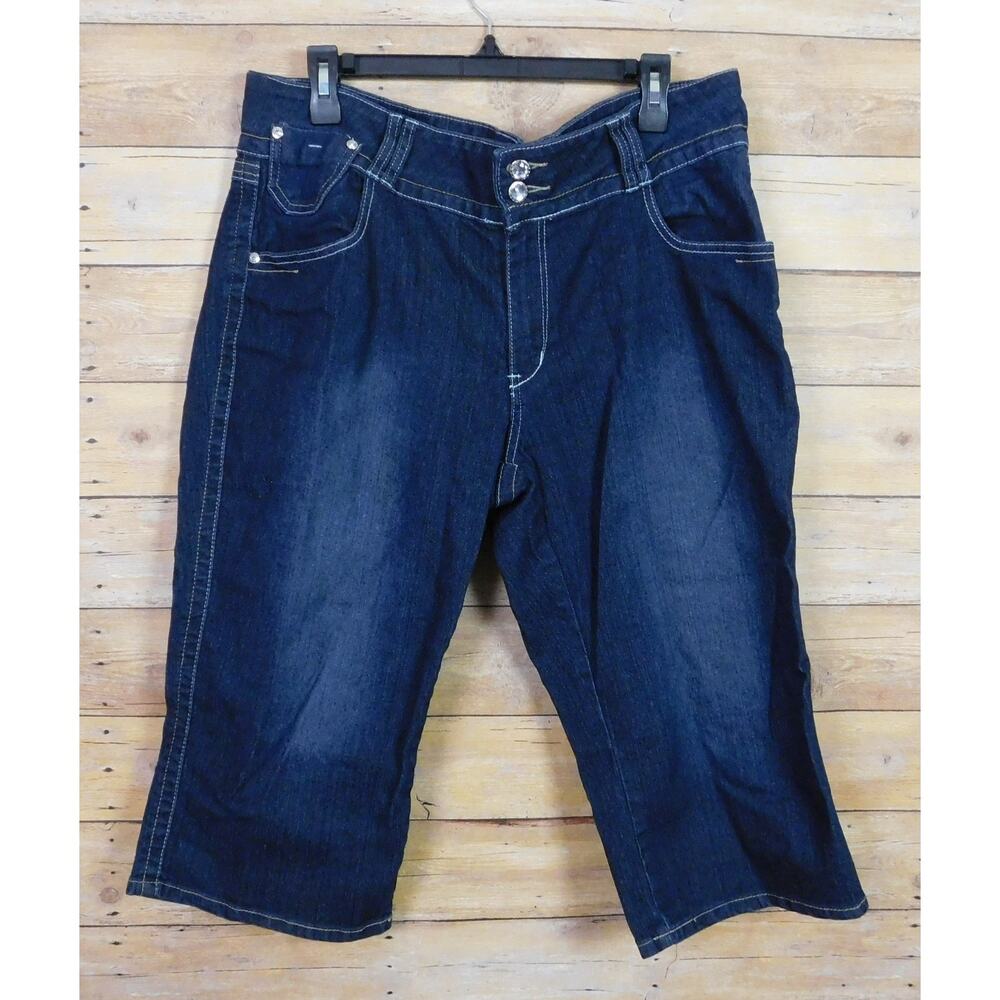 Karen T Women Capri Jeans 20 Dark Blue Rhinestones Embroidered Pockets